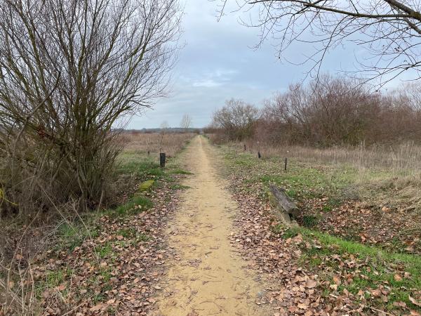 Chemin de gravier avec passage au-dessus d'un cours d'eau dans un paysage naturel dénudé. Petite barrière en bois à droite